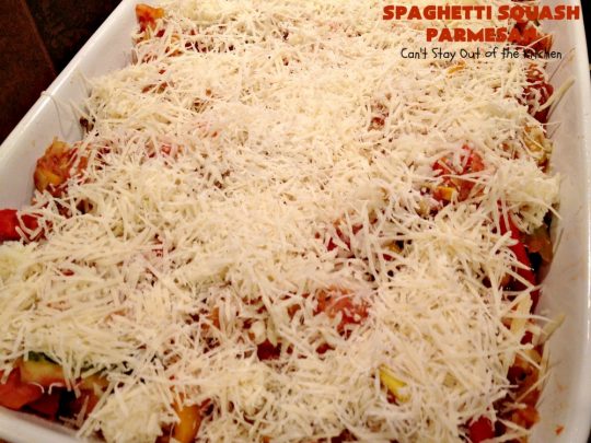 Spaghetti Squash Parmesan | Can't Stay Out of the Kitchen | this is one of the most spectacular ways to serve #SpaghettiSquash ever! It's chocked full of veggies & is layered twice with #parmesan, #mozzarella & #romano cheeses. Terrific for #MeatlessMondays or for #holidays like #Easter or #MothersDay. #Healthy, #LowCalorie #GlutenFree #CleanEating #SpaghettiSquashParmesan #Zucchini #SpaghettiSquashCasserole #YellowSquash #Carrots