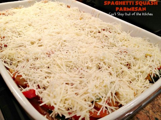Spaghetti Squash Parmesan | Can't Stay Out of the Kitchen | this is one of the most spectacular ways to serve #SpaghettiSquash ever! It's chocked full of veggies & is layered twice with #parmesan, #mozzarella & #romano cheeses. Terrific for #MeatlessMondays or for #holidays like #Easter or #MothersDay. #Healthy, #LowCalorie #GlutenFree #CleanEating #SpaghettiSquashParmesan #Zucchini #SpaghettiSquashCasserole #YellowSquash #Carrots
