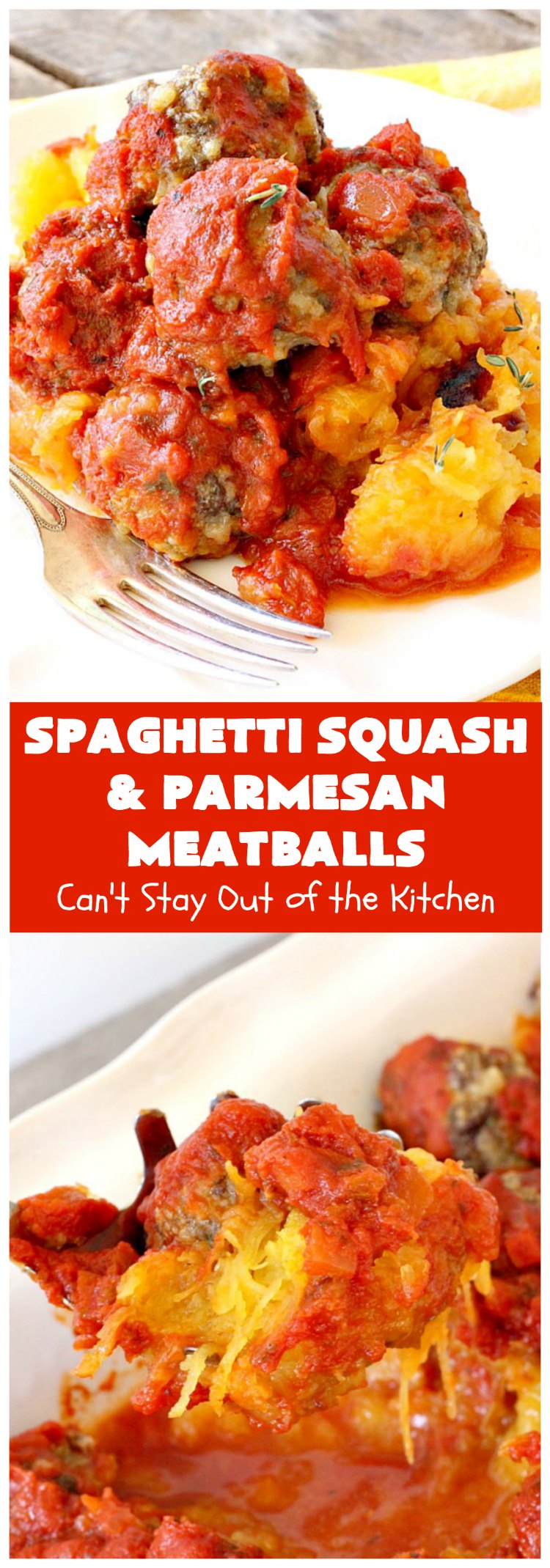 Spaghetti Squash and Parmesan Meatballs | Can't Stay Out of the Kitchen | fantastic #healthy & #LowCalorie #casserole with #SpaghettisSquash instead of pasta. Uses #spaghetti sauce & homemade #GlutenFree #meatballs with #ParmesanCheese. Easy & delicious. #beef #GroundBeef #SpaghettiSquashAndParmesanMeatballs