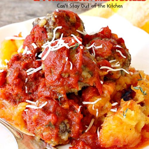 Spaghetti Squash and Parmesan Meatballs | Can't Stay Out of the Kitchen | fantastic healthy & low calorie #casserole with #spaghettisquash, #spaghetti sauce & homemade #glutenfree #meatballs with #parmesan cheese. Easy & delicious. #beef