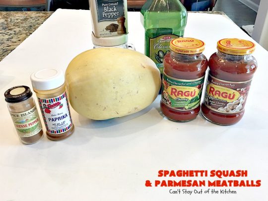 Spaghetti Squash and Parmesan Meatballs | Can't Stay Out of the Kitchen | fantastic healthy & low calorie #casserole with #spaghettisquash, #spaghetti sauce & homemade #glutenfree #meatballs with #parmesan cheese. Easy & delicious. #beef