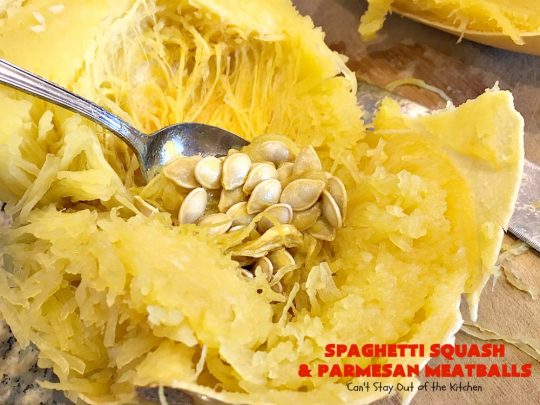 Spaghetti Squash and Parmesan Meatballs | Can't Stay Out of the Kitchen | fantastic healthy & low calorie #casserole with #spaghettisquash, #spaghetti sauce & homemade #glutenfree #meatballs with #parmesan cheese. Easy & delicious. #beef