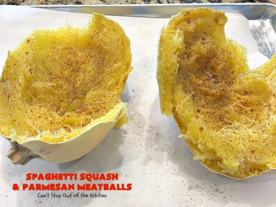 Spaghetti Squash and Parmesan Meatballs | Can't Stay Out of the Kitchen | fantastic healthy & low calorie #casserole with #spaghettisquash, #spaghetti sauce & homemade #glutenfree #meatballs with #parmesan cheese. Easy & delicious. #beef