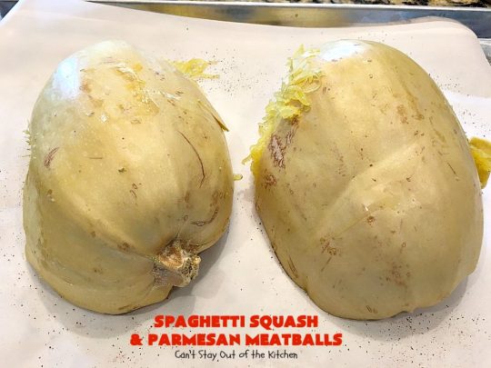 Spaghetti Squash and Parmesan Meatballs | Can't Stay Out of the Kitchen | fantastic healthy & low calorie #casserole with #spaghettisquash, #spaghetti sauce & homemade #glutenfree #meatballs with #parmesan cheese. Easy & delicious. #beef