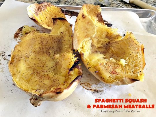 Spaghetti Squash and Parmesan Meatballs | Can't Stay Out of the Kitchen | fantastic healthy & low calorie #casserole with #spaghettisquash, #spaghetti sauce & homemade #glutenfree #meatballs with #parmesan cheese. Easy & delicious. #beef