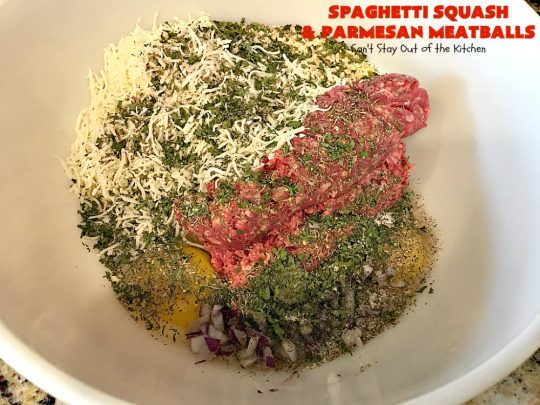 Spaghetti Squash and Parmesan Meatballs | Can't Stay Out of the Kitchen | fantastic healthy & low calorie #casserole with #spaghettisquash, #spaghetti sauce & homemade #glutenfree #meatballs with #parmesan cheese. Easy & delicious. #beef