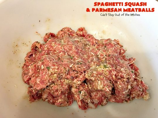 Spaghetti Squash and Parmesan Meatballs | Can't Stay Out of the Kitchen | fantastic healthy & low calorie #casserole with #spaghettisquash, #spaghetti sauce & homemade #glutenfree #meatballs with #parmesan cheese. Easy & delicious. #beef