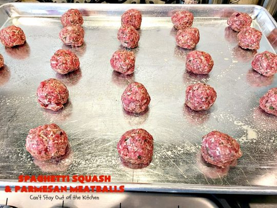 Spaghetti Squash and Parmesan Meatballs | Can't Stay Out of the Kitchen | fantastic healthy & low calorie #casserole with #spaghettisquash, #spaghetti sauce & homemade #glutenfree #meatballs with #parmesan cheese. Easy & delicious. #beef