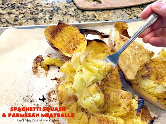 Spaghetti Squash and Parmesan Meatballs | Can't Stay Out of the Kitchen | fantastic healthy & low calorie #casserole with #spaghettisquash, #spaghetti sauce & homemade #glutenfree #meatballs with #parmesan cheese. Easy & delicious. #beef