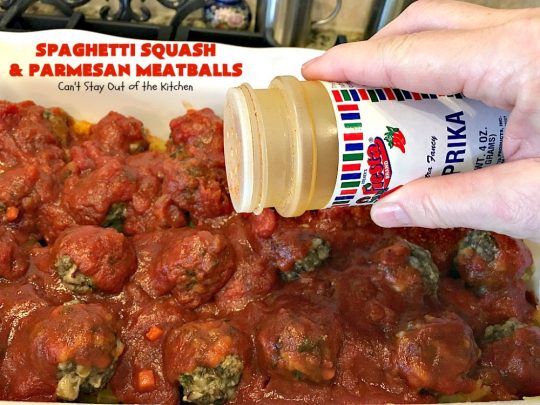 Spaghetti Squash and Parmesan Meatballs | Can't Stay Out of the Kitchen | fantastic healthy & low calorie #casserole with #spaghettisquash, #spaghetti sauce & homemade #glutenfree #meatballs with #parmesan cheese. Easy & delicious. #beef