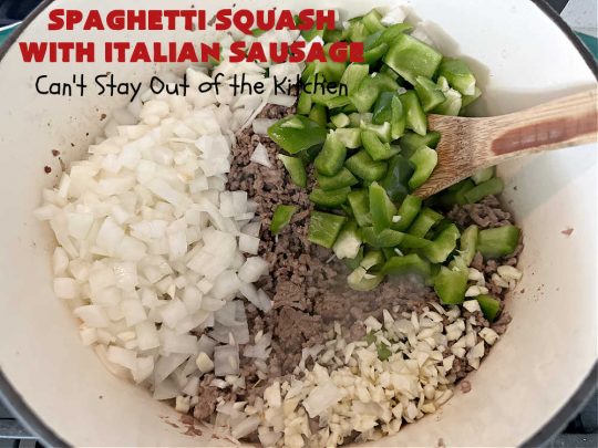 Spaghetti Squash with Italian Sausage | Can't Stay Out of the Kitchen | this delicious entree is terrific for those looking for tasty #LowCalorie meals. #SpaghettiSquash is substituted for regular #pasta in this #healthy version of a family favorite. Delicious way to enjoy #spaghetti but without all the #calories & #carbs. #ItalianSausage #GroundBeef #tomatoes #GlutenFree #SpaghettiSquashWithItalianSausage