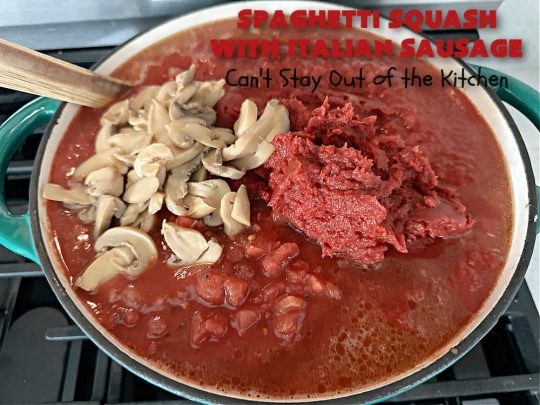 Spaghetti Squash with Italian Sausage | Can't Stay Out of the Kitchen | this delicious entree is terrific for those looking for tasty #LowCalorie meals. #SpaghettiSquash is substituted for regular #pasta in this #healthy version of a family favorite. Delicious way to enjoy #spaghetti but without all the #calories & #carbs. #ItalianSausage #GroundBeef #tomatoes #GlutenFree #SpaghettiSquashWithItalianSausage