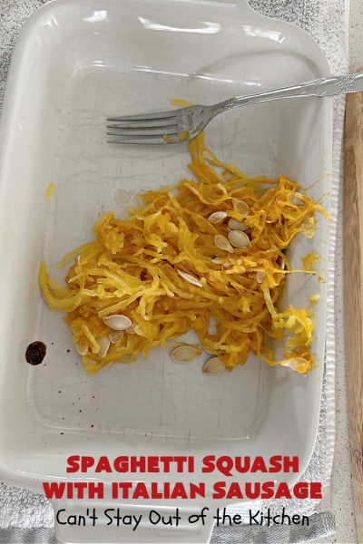 Spaghetti Squash with Italian Sausage | Can't Stay Out of the Kitchen | this delicious entree is terrific for those looking for tasty #LowCalorie meals. #SpaghettiSquash is substituted for regular #pasta in this #healthy version of a family favorite. Delicious way to enjoy #spaghetti but without all the #calories & #carbs. #ItalianSausage #GroundBeef #tomatoes #GlutenFree #SpaghettiSquashWithItalianSausage
