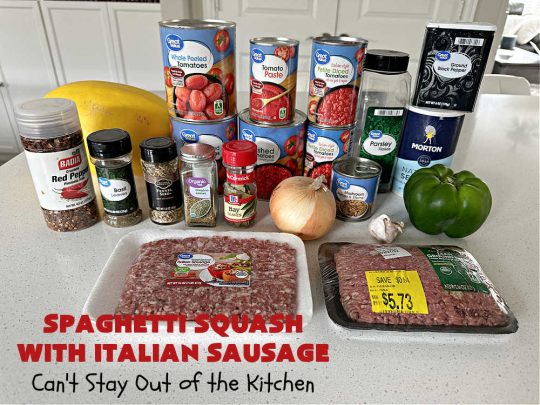Spaghetti Squash with Italian Sausage | Can't Stay Out of the Kitchen | this delicious entree is terrific for those looking for tasty #LowCalorie meals. #SpaghettiSquash is substituted for regular #pasta in this #healthy version of a family favorite. Delicious way to enjoy #spaghetti but without all the #calories & #carbs. #ItalianSausage #GroundBeef #tomatoes #GlutenFree #SpaghettiSquashWithItalianSausage