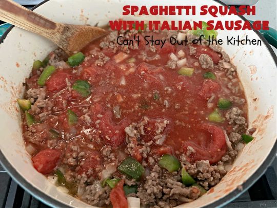 Spaghetti Squash with Italian Sausage | Can't Stay Out of the Kitchen | this delicious entree is terrific for those looking for tasty #LowCalorie meals. #SpaghettiSquash is substituted for regular #pasta in this #healthy version of a family favorite. Delicious way to enjoy #spaghetti but without all the #calories & #carbs. #ItalianSausage #GroundBeef #tomatoes #GlutenFree #SpaghettiSquashWithItalianSausage
