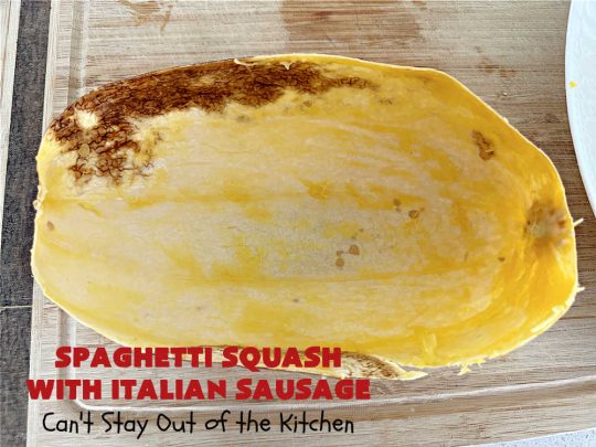 Spaghetti Squash with Italian Sausage | Can't Stay Out of the Kitchen | this delicious entree is terrific for those looking for tasty #LowCalorie meals. #SpaghettiSquash is substituted for regular #pasta in this #healthy version of a family favorite. Delicious way to enjoy #spaghetti but without all the #calories & #carbs. #ItalianSausage #GroundBeef #tomatoes #GlutenFree #SpaghettiSquashWithItalianSausage