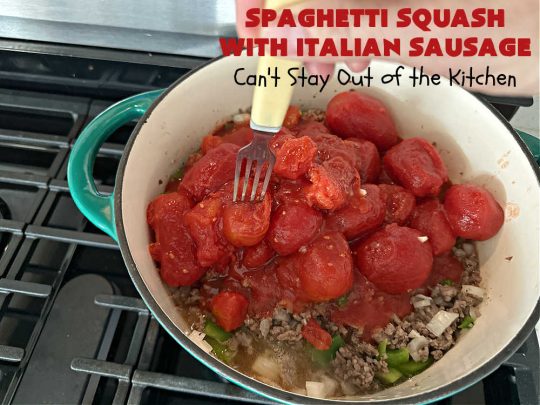 Spaghetti Squash with Italian Sausage | Can't Stay Out of the Kitchen | this delicious entree is terrific for those looking for tasty #LowCalorie meals. #SpaghettiSquash is substituted for regular #pasta in this #healthy version of a family favorite. Delicious way to enjoy #spaghetti but without all the #calories & #carbs. #ItalianSausage #GroundBeef #tomatoes #GlutenFree #SpaghettiSquashWithItalianSausage
