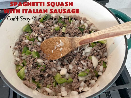 Spaghetti Squash with Italian Sausage | Can't Stay Out of the Kitchen | this delicious entree is terrific for those looking for tasty #LowCalorie meals. #SpaghettiSquash is substituted for regular #pasta in this #healthy version of a family favorite. Delicious way to enjoy #spaghetti but without all the #calories & #carbs. #ItalianSausage #GroundBeef #tomatoes #GlutenFree #SpaghettiSquashWithItalianSausage
