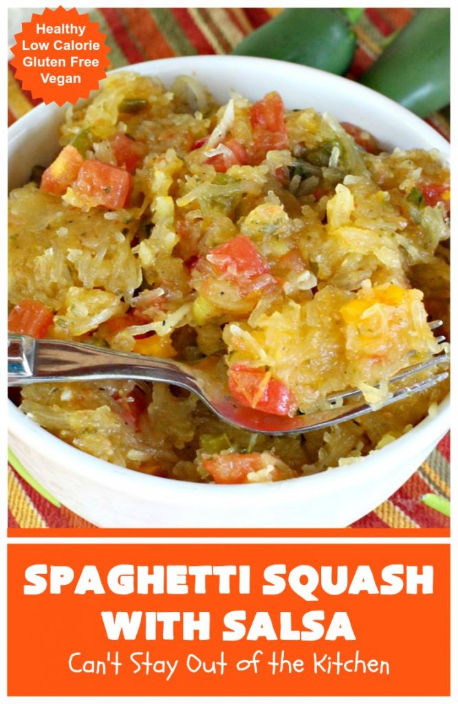 Spaghetti Squash with Salsa | Can't Stay Out of the Kitchen | fantastic #recipe that's marvelous for #MeatlessMondays or as a #SideDish. #Healthy #Vegan #GlutenFree #LowCalorie #Salsa #PicoDeGallo #TexMex #SpaghettiSquash #SpaghettiSquashWithSalsa