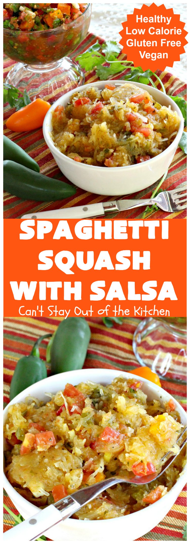 Spaghetti Squash with Salsa | Can't Stay Out of the Kitchen | fantastic #recipe that's marvelous for #MeatlessMondays or as a #SideDish. #Healthy #Vegan #GlutenFree #LowCalorie #Salsa #PicoDeGallo #TexMex #SpaghettiSquash #SpaghettiSquashWithSalsa
