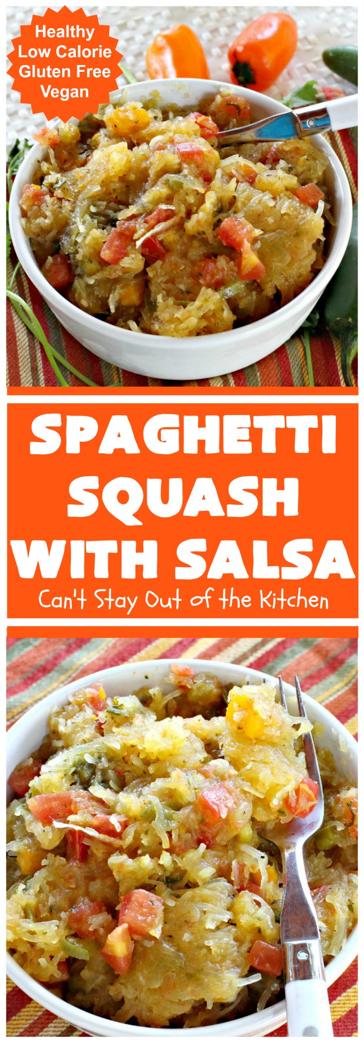 Spaghetti Squash with Salsa | Can't Stay Out of the Kitchen | fantastic #recipe that's marvelous for #MeatlessMondays or as a #SideDish. #Healthy #Vegan #GlutenFree #LowCalorie #Salsa #PicoDeGallo #TexMex #SpaghettiSquash #SpaghettiSquashWithSalsa