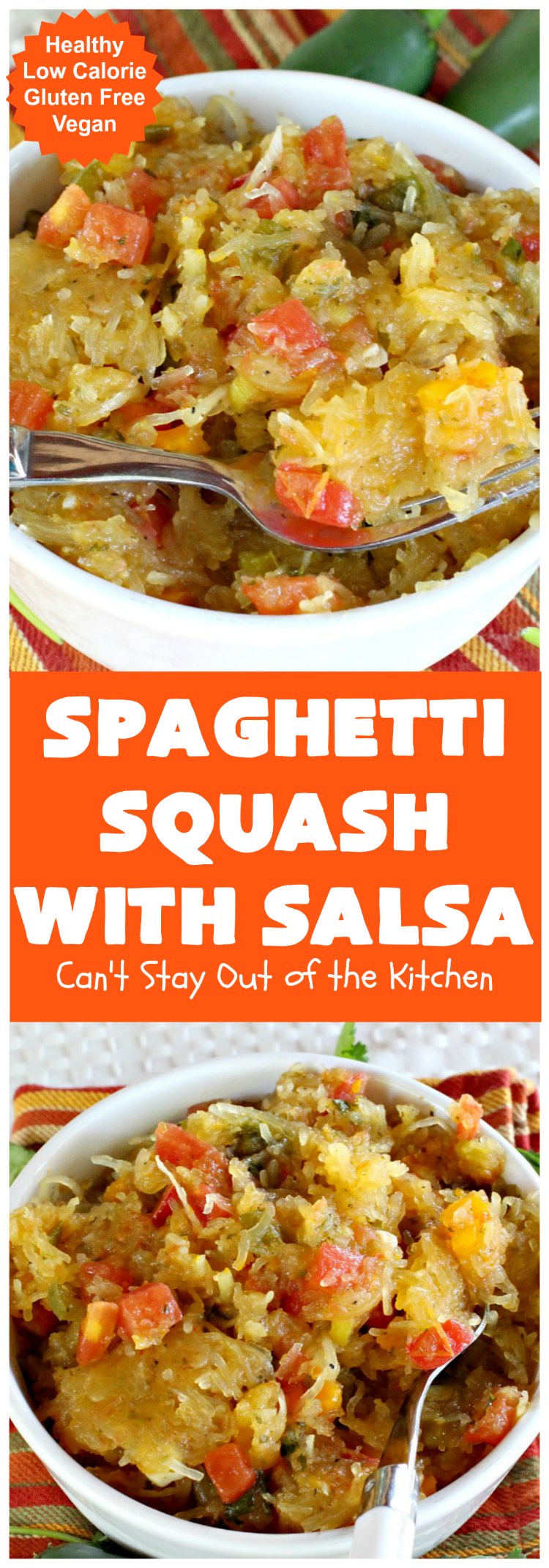 Spaghetti Squash with Salsa | Can't Stay Out of the Kitchen | fantastic #recipe that's marvelous for #MeatlessMondays or as a #SideDish. #Healthy #Vegan #GlutenFree #LowCalorie #Salsa #PicoDeGallo #TexMex #SpaghettiSquash #SpaghettiSquashWithSalsa