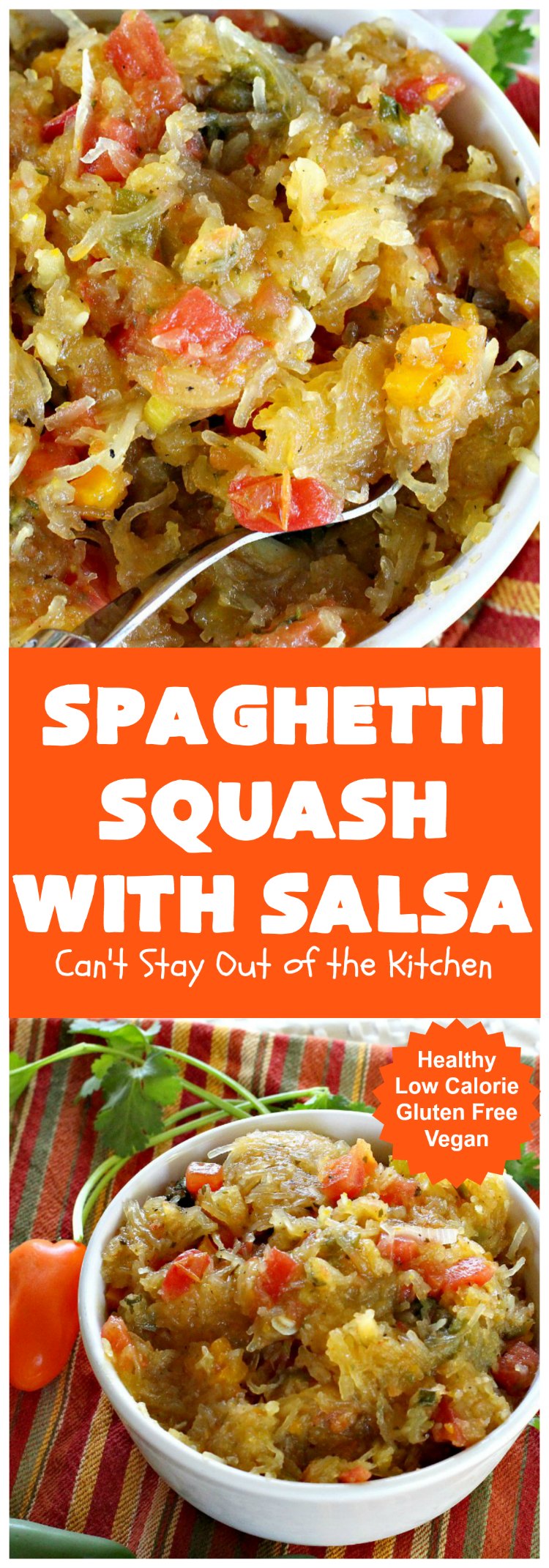 Spaghetti Squash with Salsa | Can't Stay Out of the Kitchen | fantastic #recipe that's marvelous for #MeatlessMondays or as a #SideDish. #Healthy #Vegan #GlutenFree #LowCalorie #Salsa #PicoDeGallo #TexMex #SpaghettiSquash #SpaghettiSquashWithSalsa
