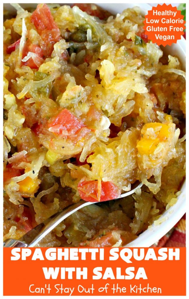 Spaghetti Squash with Salsa | Can't Stay Out of the Kitchen | fantastic #recipe that's marvelous for #MeatlessMondays or as a #SideDish. #Healthy #Vegan #GlutenFree #LowCalorie #Salsa #PicoDeGallo #TexMex #SpaghettiSquash #SpaghettiSquashWithSalsa