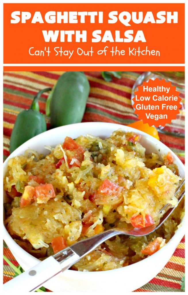 Spaghetti Squash with Salsa | Can't Stay Out of the Kitchen | fantastic #recipe that's marvelous for #MeatlessMondays or as a #SideDish. #Healthy #Vegan #GlutenFree #LowCalorie #Salsa #PicoDeGallo #TexMex #SpaghettiSquash #SpaghettiSquashWithSalsa