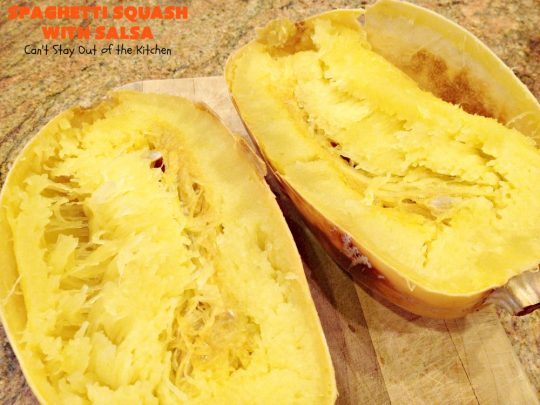 Spaghetti Squash with Salsa | Can't Stay Out of the Kitchen | fantastic #recipe that's marvelous for #MeatlessMondays or as a #SideDish. #Healthy #Vegan #GlutenFree #LowCalorie #Salsa #PicoDeGallo #TexMex #SpaghettiSquash #SpaghettiSquashWithSalsa