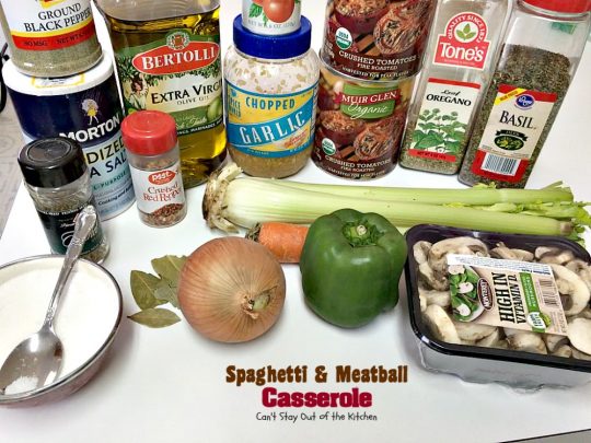 Spaghetti and Meatball Casserole | Can't Stay Out of the Kitchen | traditional #spaghetti and #meatballs but in #casserole form. This amazing entree is made with #glutenfree #pasta.