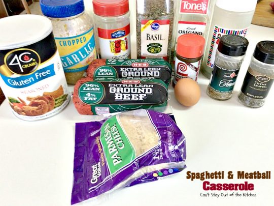 Spaghetti and Meatball Casserole | Can't Stay Out of the Kitchen | traditional #spaghetti and #meatballs but in #casserole form. This amazing entree is made with #glutenfree #pasta.