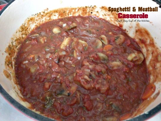 Spaghetti and Meatball Casserole | Can't Stay Out of the Kitchen | traditional #spaghetti and #meatballs but in #casserole form. This amazing entree is made with #glutenfree #pasta.