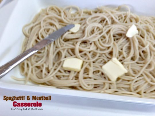 Spaghetti and Meatball Casserole | Can't Stay Out of the Kitchen | traditional #spaghetti and #meatballs but in #casserole form. This amazing entree is made with #glutenfree #pasta.