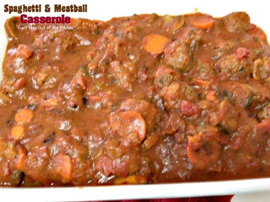 Spaghetti and Meatball Casserole | Can't Stay Out of the Kitchen | traditional #spaghetti and #meatballs but in #casserole form. This amazing entree is made with #glutenfree #pasta.