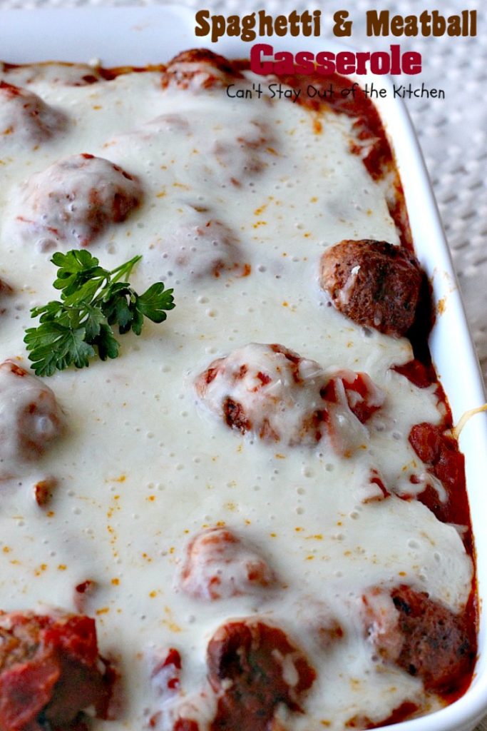 Spaghetti and Meatball Casserole | Can't Stay Out of the Kitchen | traditional #spaghetti and #meatballs but in #casserole form. This amazing entree is made with #glutenfree #pasta.
