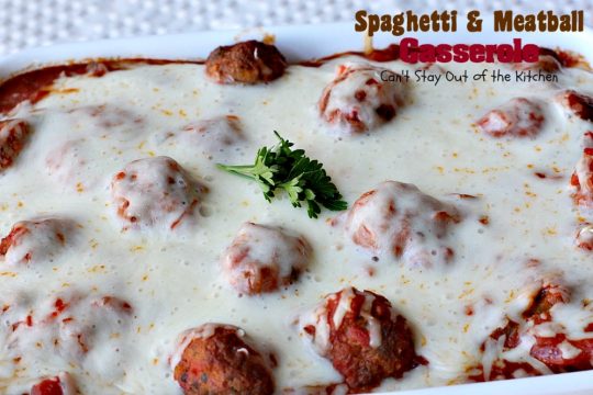Spaghetti and Meatball Casserole | Can't Stay Out of the Kitchen | traditional #spaghetti and #meatballs but in #casserole form. This amazing entree is made with #glutenfree #pasta.