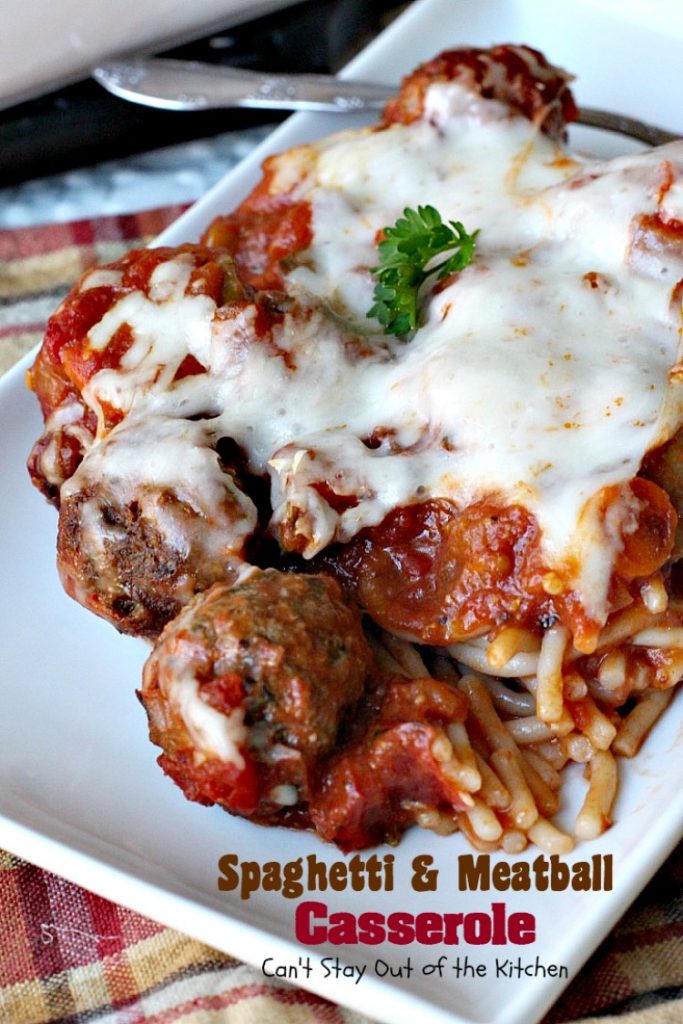 Spaghetti and Meatball Casserole | Can't Stay Out of the Kitchen | traditional #spaghetti and #meatballs but in #casserole form. This amazing entree is made with #glutenfree #pasta.