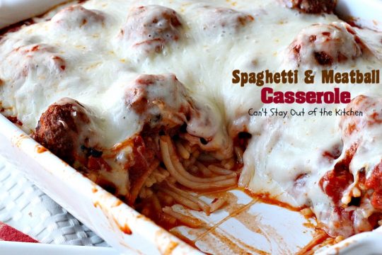 Spaghetti and Meatball Casserole | Can't Stay Out of the Kitchen | traditional #spaghetti and #meatballs but in #casserole form. This amazing entree is made with #glutenfree #pasta.