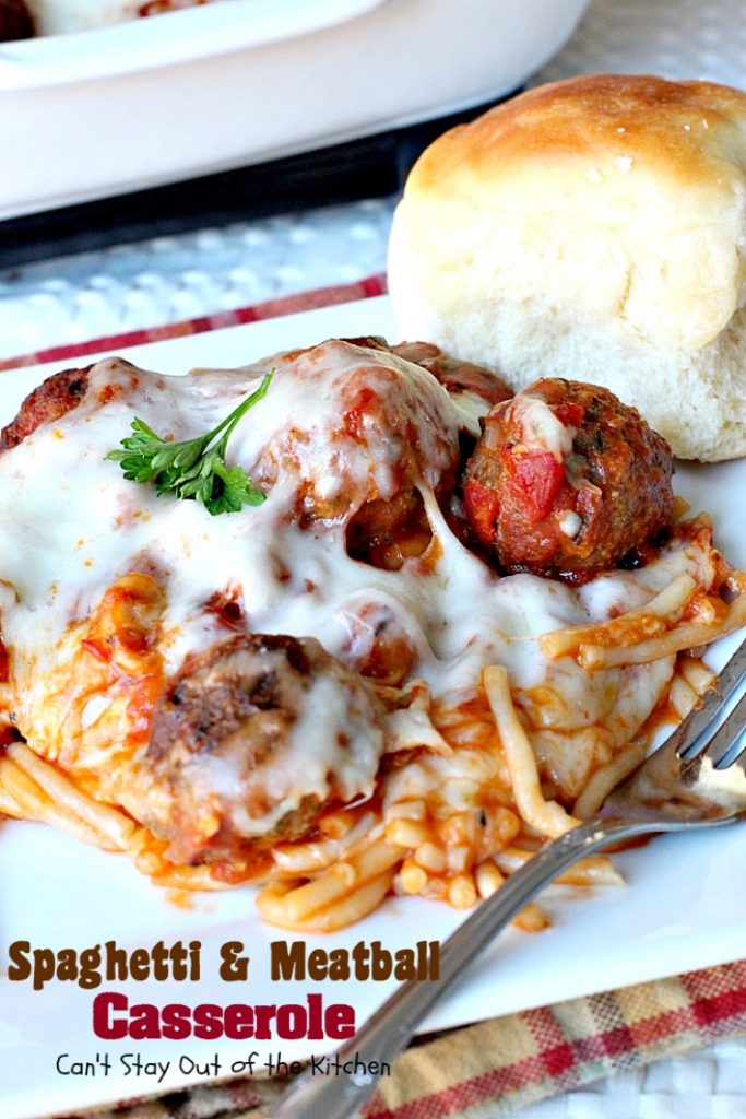 Spaghetti and Meatball Casserole | Can't Stay Out of the Kitchen | traditional #spaghetti and #meatballs but in #casserole form. This amazing entree is made with #glutenfree #pasta.