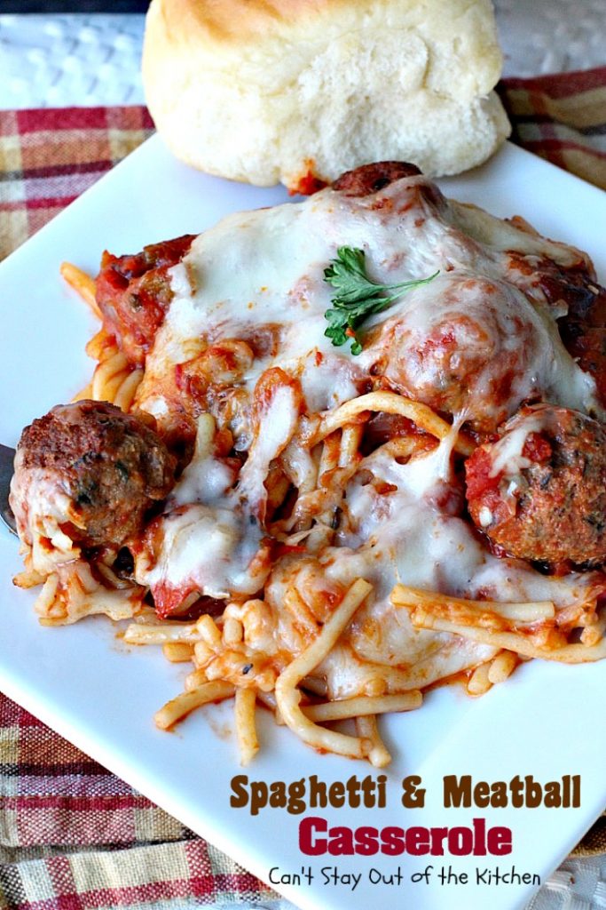 Spaghetti and Meatball Casserole | Can't Stay Out of the Kitchen | traditional #spaghetti and #meatballs but in #casserole form. This amazing entree is made with #glutenfree #pasta.