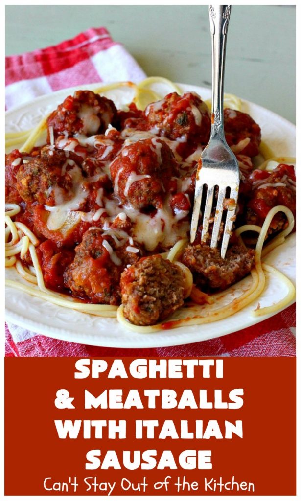 Spaghetti and Meatballs With Italian Sausage | Can't Stay Out of the Kitchen | amazing comfort food #recipe with both #beef #meatballs and #ItalianSausage. Hearty, filling & satisfying. #pork #GroundBeef #spaghetti #SpaghettiAndMeatballs #Italian #SpaghettiAndMeatballsWithItalianSausage