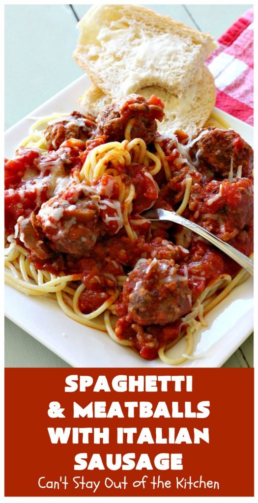 Spaghetti and Meatballs With Italian Sausage | Can't Stay Out of the Kitchen | amazing comfort food #recipe with both #beef #meatballs and #ItalianSausage. Hearty, filling & satisfying. #pork #GroundBeef #spaghetti #SpaghettiAndMeatballs #Italian #SpaghettiAndMeatballsWithItalianSausage