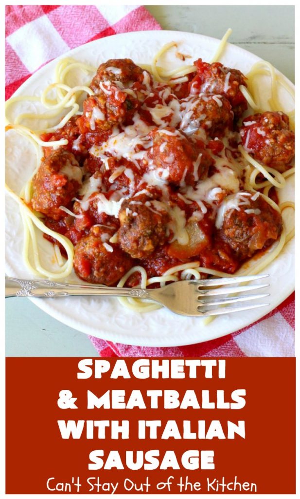 Spaghetti and Meatballs With Italian Sausage | Can't Stay Out of the Kitchen | amazing comfort food #recipe with both #beef #meatballs and #ItalianSausage. Hearty, filling & satisfying. #pork #GroundBeef #spaghetti #SpaghettiAndMeatballs #Italian #SpaghettiAndMeatballsWithItalianSausage