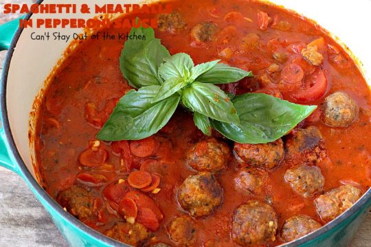 Spaghetti and Meatballs in Pepperoni Sauce | Can't Stay Out of the Kitchen | this fabulous #spaghetti entree is an awesome #JamieDeen #recipe. This one includes #beef in the #meatballs, #Italian #sausage & #pepperoni in the sauce. Absolutely mouthwatering! Our company loved it! #pasta #noodles #spaghettiandmeatballs