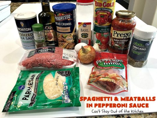 Spaghetti and Meatballs in Pepperoni Sauce | Can't Stay Out of the Kitchen | this fabulous #spaghetti entree is an awesome #JamieDeen #recipe. This one includes #beef in the #meatballs, #Italian #sausage & #pepperoni in the sauce. Absolutely mouthwatering! Our company loved it! #pasta #noodles #spaghettiandmeatballs