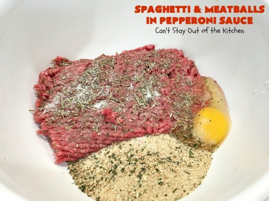 Spaghetti and Meatballs in Pepperoni Sauce | Can't Stay Out of the Kitchen | this fabulous #spaghetti entree is an awesome #JamieDeen #recipe. This one includes #beef in the #meatballs, #Italian #sausage & #pepperoni in the sauce. Absolutely mouthwatering! Our company loved it! #pasta #noodles #spaghettiandmeatballs