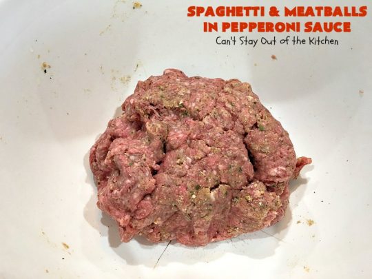 Spaghetti and Meatballs in Pepperoni Sauce | Can't Stay Out of the Kitchen | this fabulous #spaghetti entree is an awesome #JamieDeen #recipe. This one includes #beef in the #meatballs, #Italian #sausage & #pepperoni in the sauce. Absolutely mouthwatering! Our company loved it! #pasta #noodles #spaghettiandmeatballs