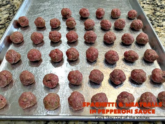 Spaghetti and Meatballs in Pepperoni Sauce | Can't Stay Out of the Kitchen | this fabulous #spaghetti entree is an awesome #JamieDeen #recipe. This one includes #beef in the #meatballs, #Italian #sausage & #pepperoni in the sauce. Absolutely mouthwatering! Our company loved it! #pasta #noodles #spaghettiandmeatballs