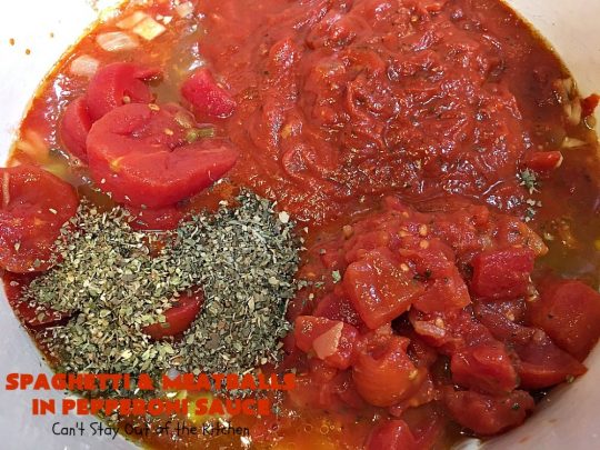 Spaghetti and Meatballs in Pepperoni Sauce | Can't Stay Out of the Kitchen | this fabulous #spaghetti entree is an awesome #JamieDeen #recipe. This one includes #beef in the #meatballs, #Italian #sausage & #pepperoni in the sauce. Absolutely mouthwatering! Our company loved it! #pasta #noodles #spaghettiandmeatballs